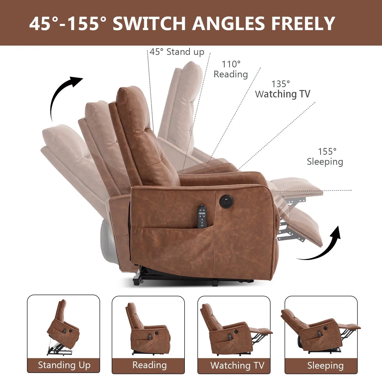 Brown PU Single Motor Power Lift Recliner Chair by HouseOfZazla