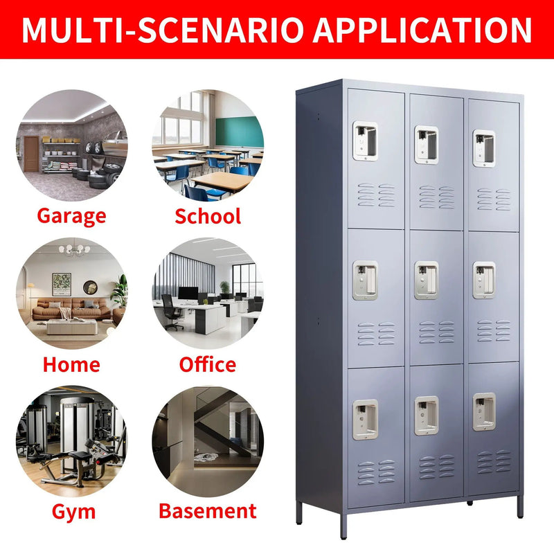 9 Door Lockers With Lock For Storage In Office, School, Gym, And Bedroom - Gray by Unique Piece Furniture