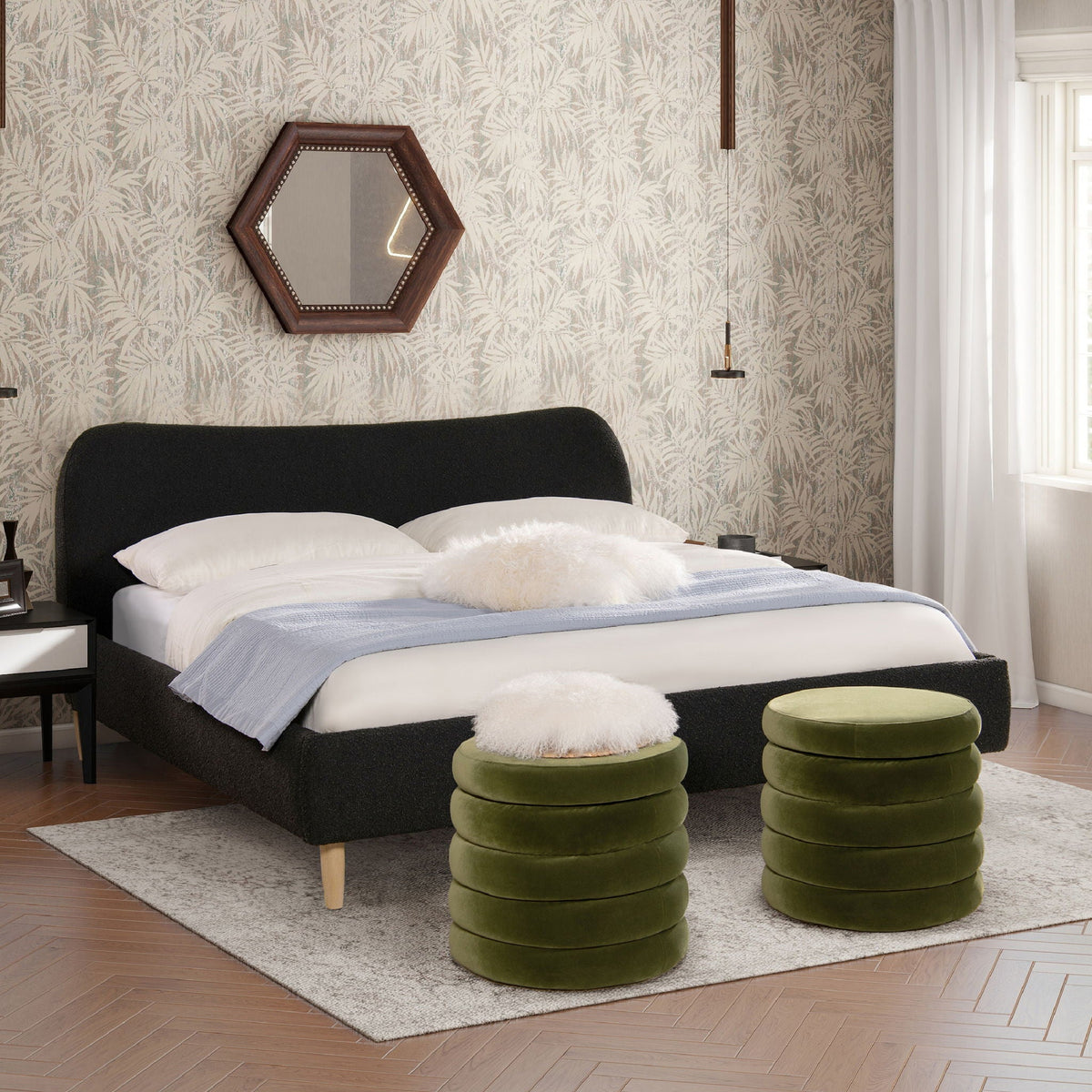 Curved Headboard Upholstered Platform Bed with Mattress Support - Black, White, Dark Green, photo 3 of 40
