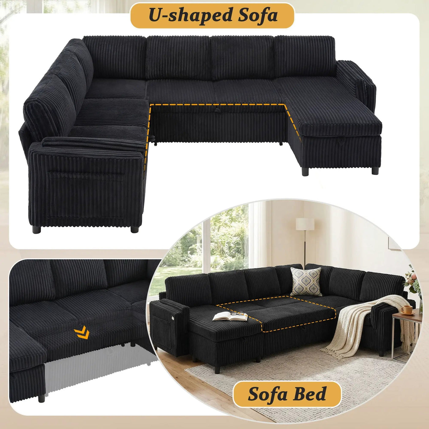 Convertible U-Shaped Sectional Sofa Bed With USB Ports And Storage by HouseOfZazla