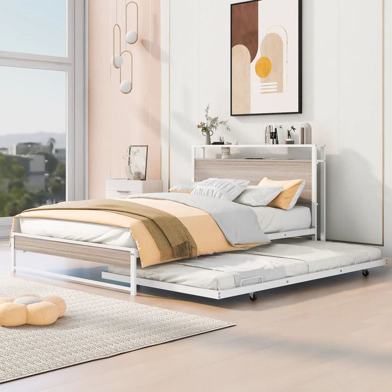 Platform Bed Frame With Trundle, USB Ports And Slat Support, No Box Spring Needed by HouseOfZazla
