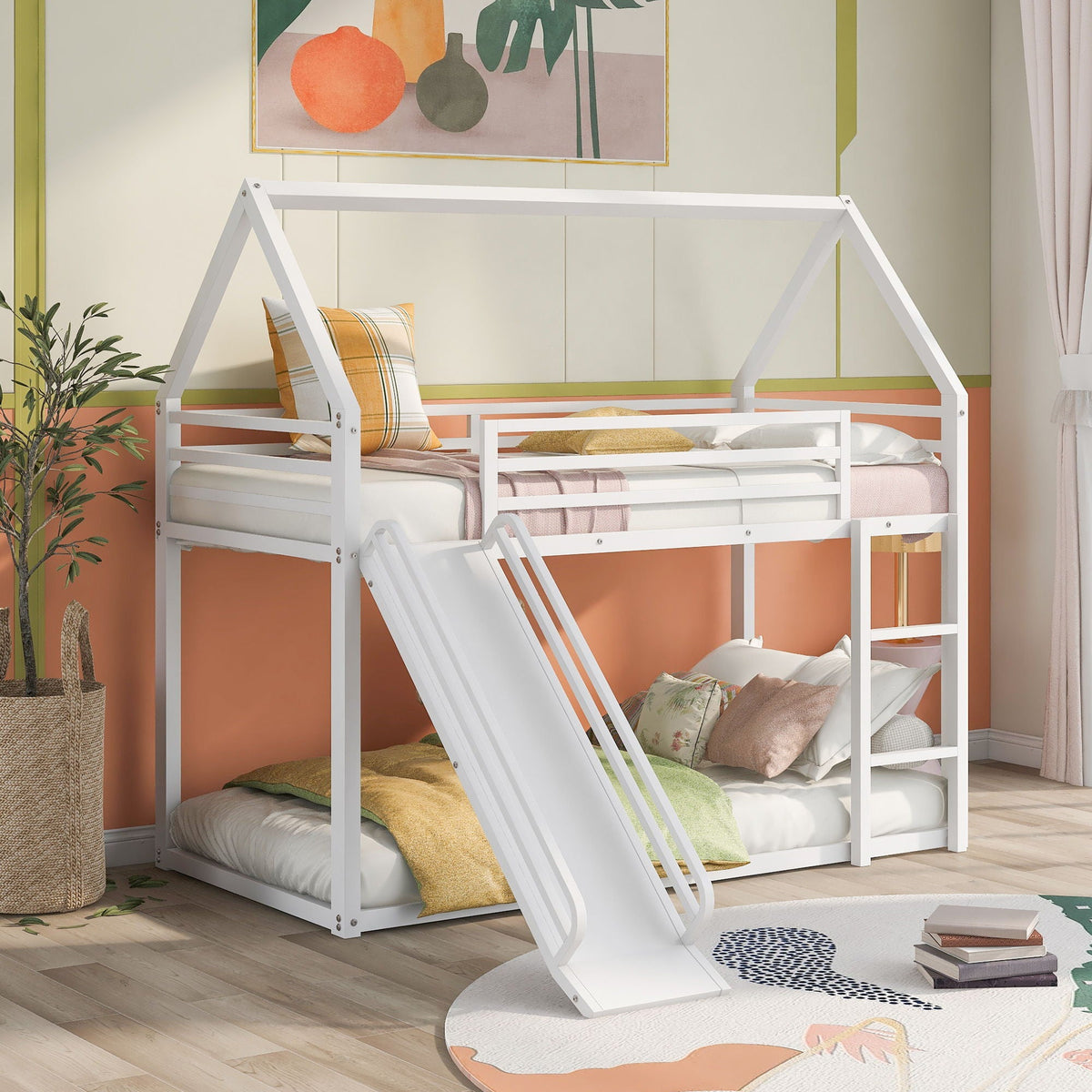 Twin Over Twin House Bunk Bed with Slide and Ladder - Black or White, photo 6 of 15
