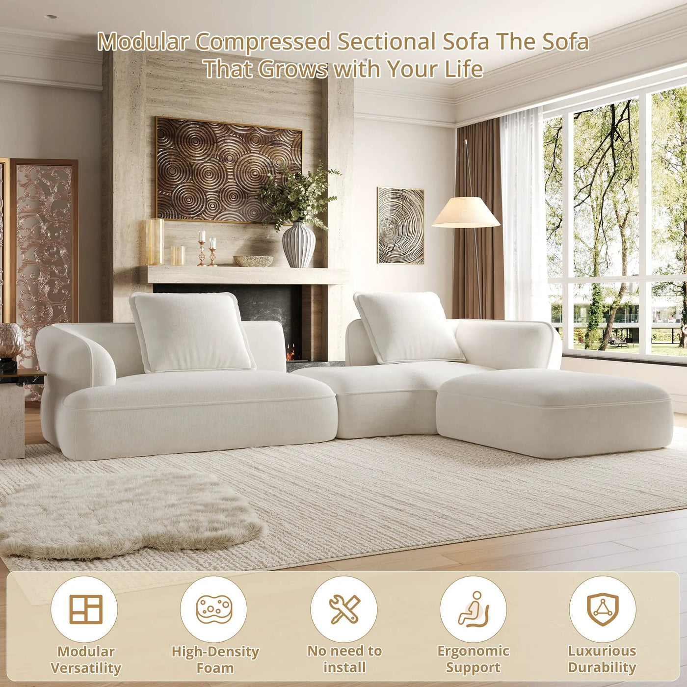 122" Modern L-Shaped Sectional Sofa with High-Density Foam and Chaise Lounge by HouseOfZazla