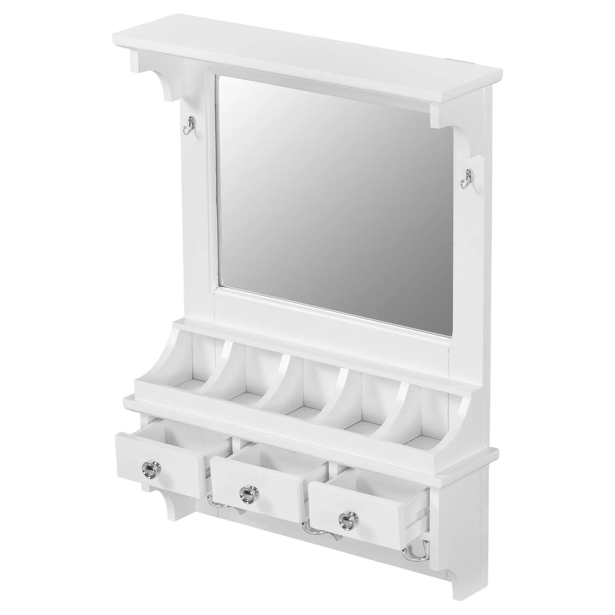 Floating Makeup Vanity With Big Mirror, Wall Mounted Storage Vanity With Drawers, Pockets & Hooks, Space Saving Decorative Home Organizer - White by HouseOfZazla