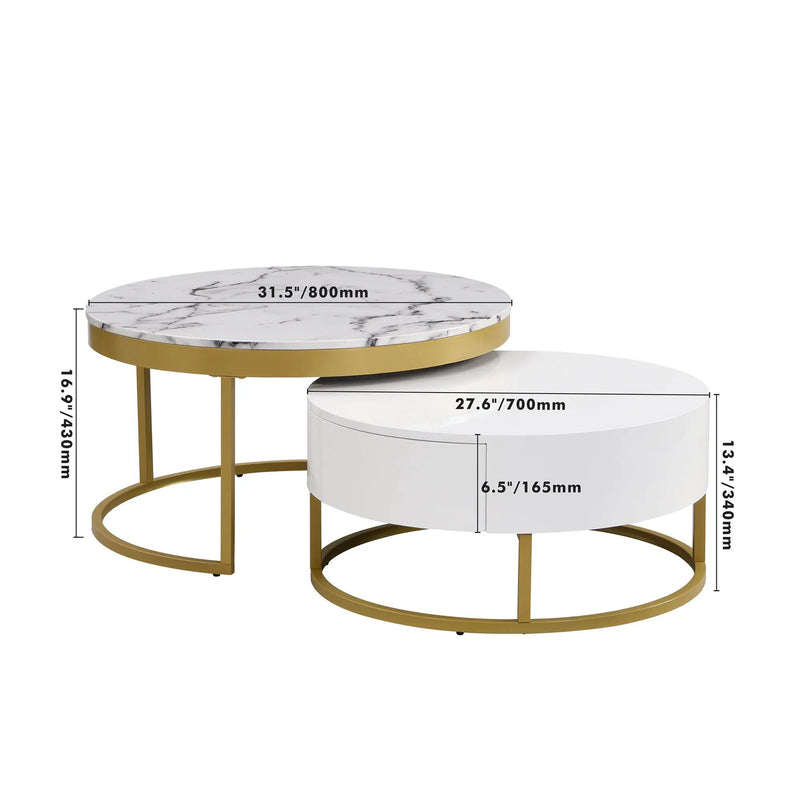 Round Nesting Coffee Table With Drawers - Golden / White by Unique Piece Furniture