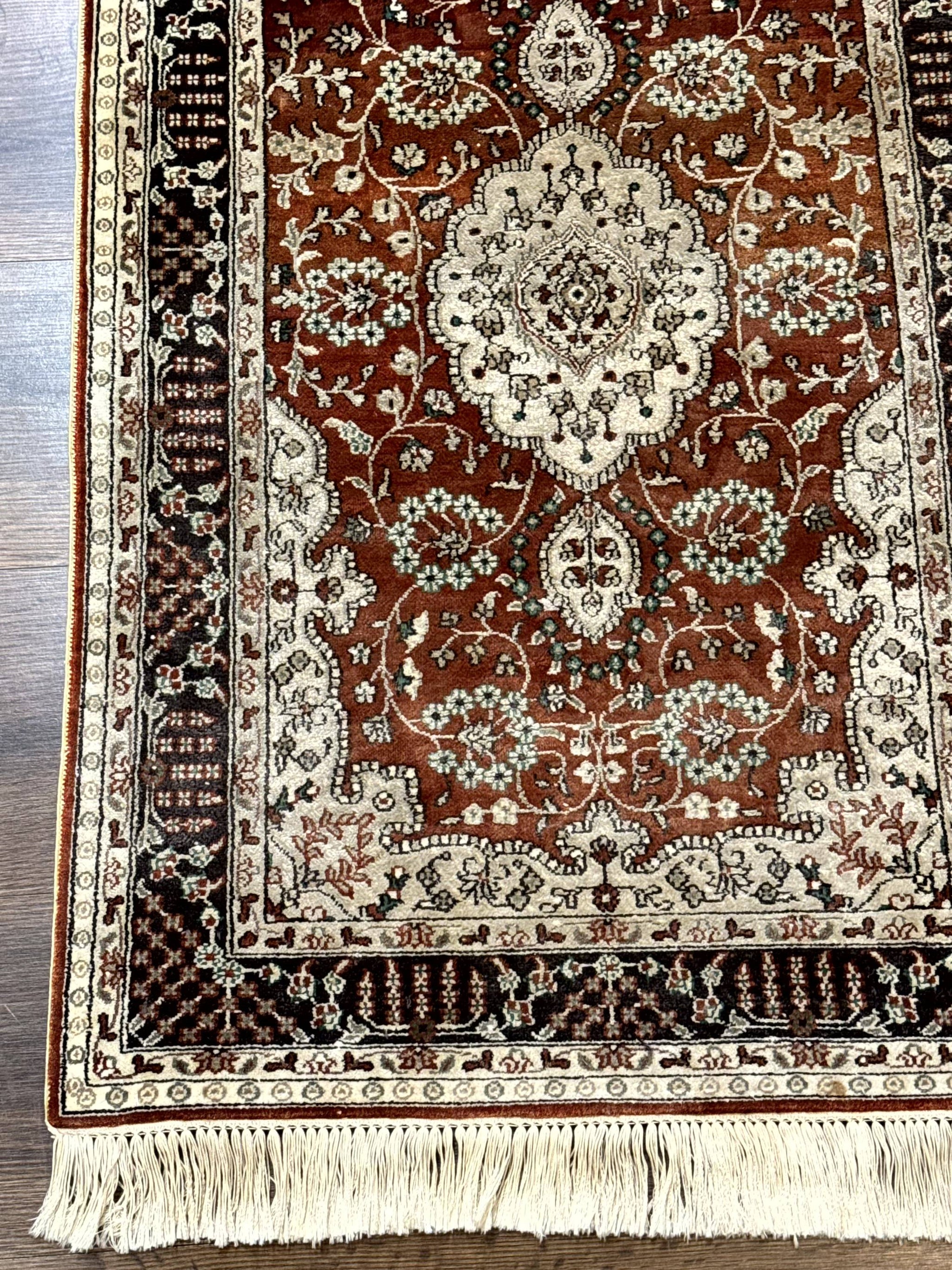 Turkish Silk Narrow Runner Rug 2 x 5.8, Very Fine 340 KPSI, Floral Medallions, Red by Jewel Rugs