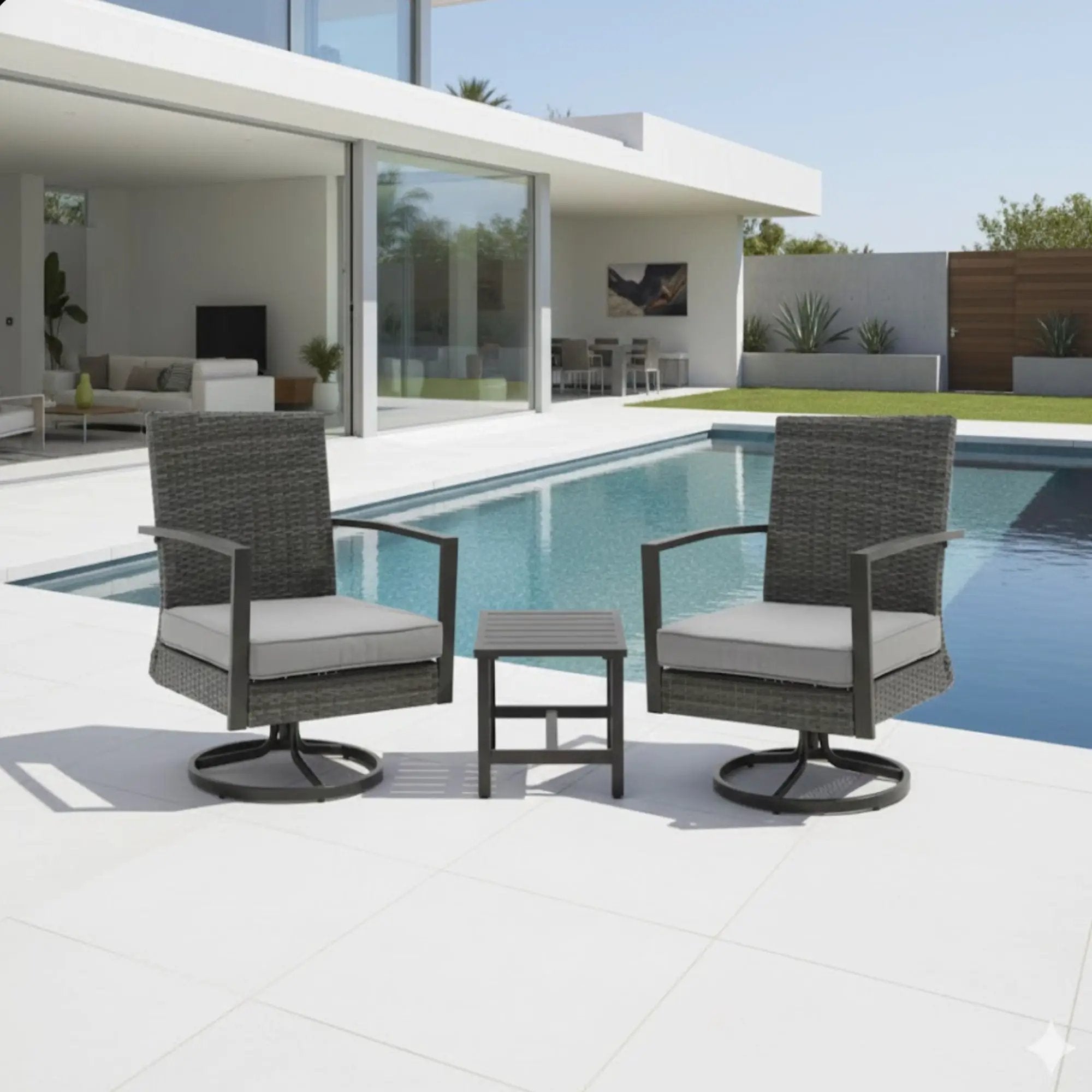 3 Piece Patio Furniture, Swivel Rocker Bistro Set With Side Table & Cushions For Porch - Gray by HouseOfZazla