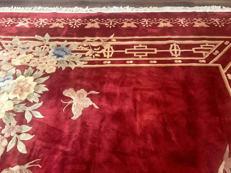 Palace Size Chinese Wool Rug 12x18, Red Art Deco Chinese Carving Carpet, Butterflies Flowers by Jewel Rugs