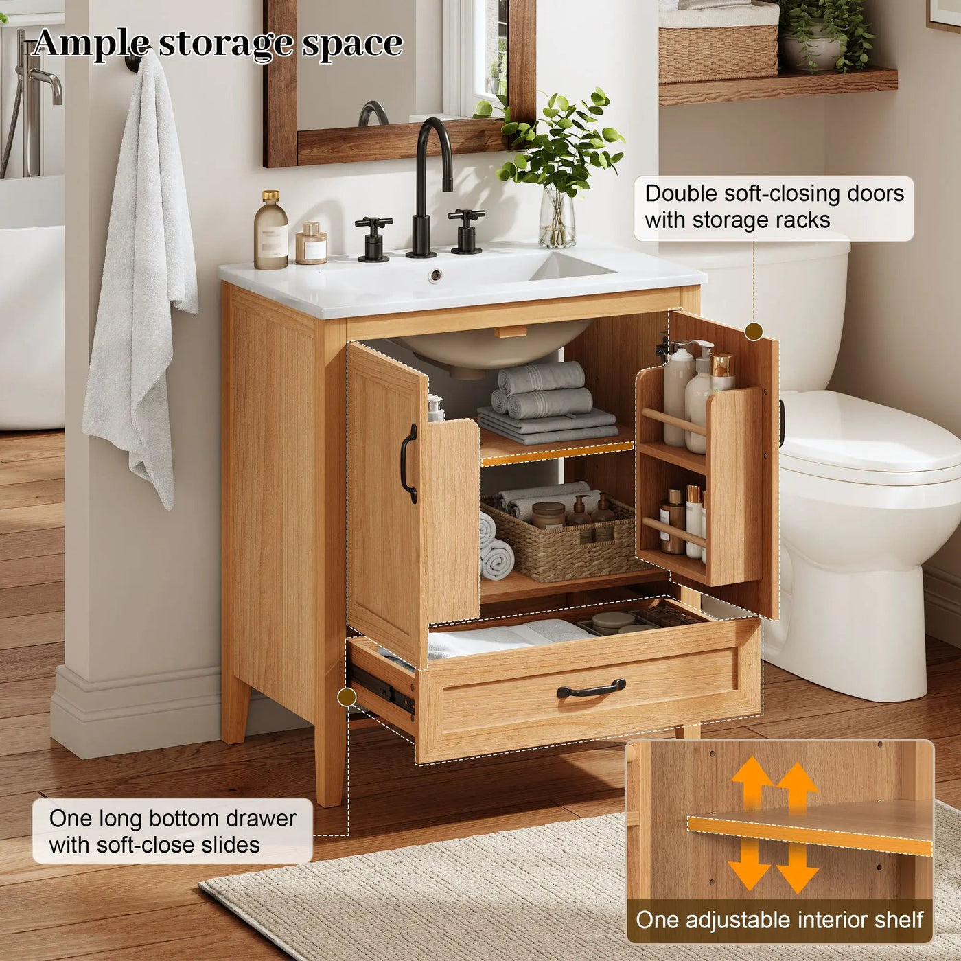 Elegant Fluted Bathroom Vanity With Sink, Soft Close Doors & Drawer by HouseOfZazla