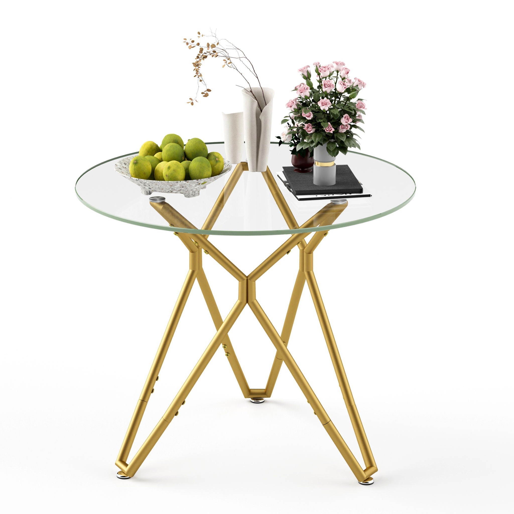 Modern Round Tempered Glass Dining Table With Sturdy Metal Legs For 1 - 4 People - Gold by HouseOfZazla
