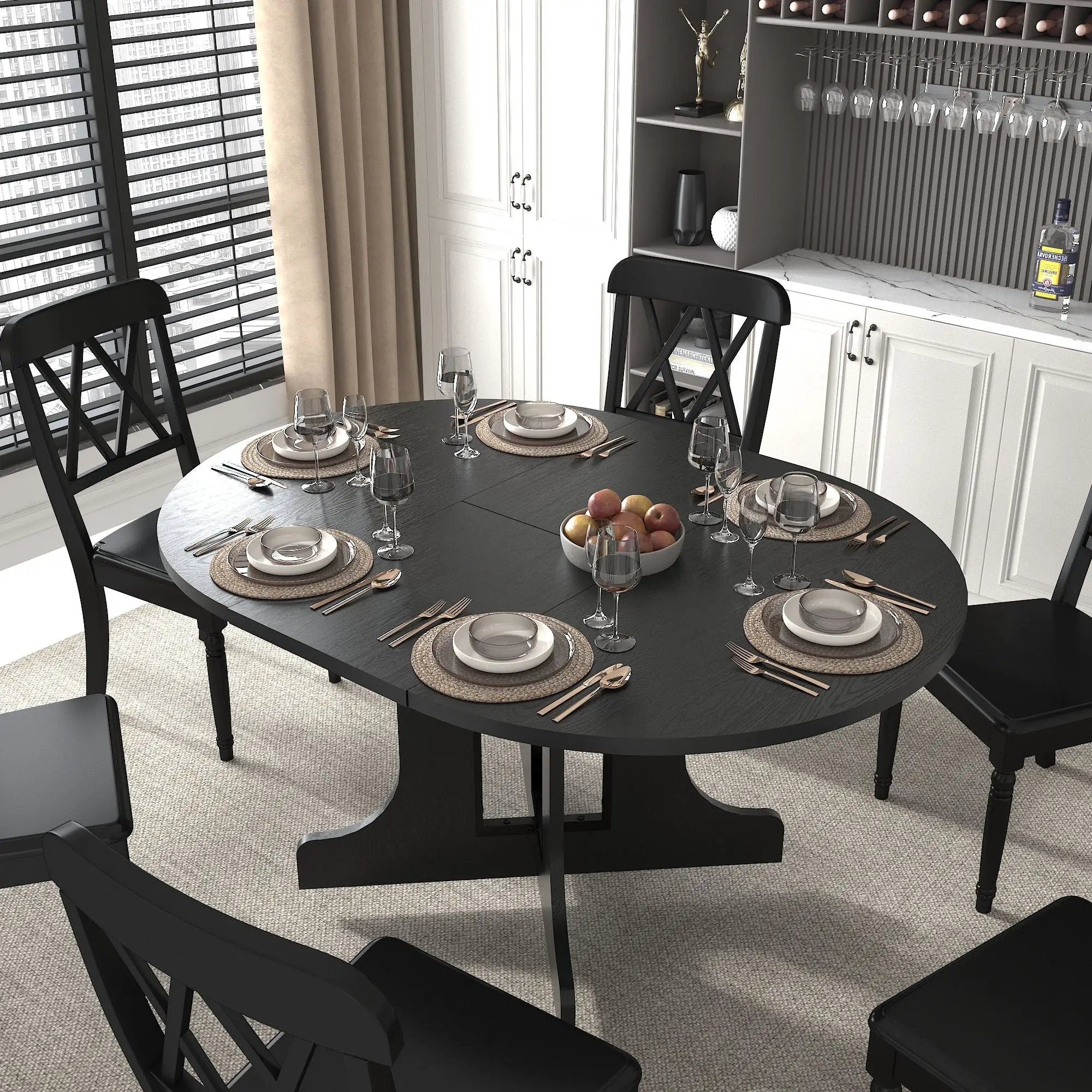 Dining Table For Farmhouse Kitchen Expandable Oval Table Top With Removable Leaf Trestle X Shaped Base - Black by Unique Piece Furniture