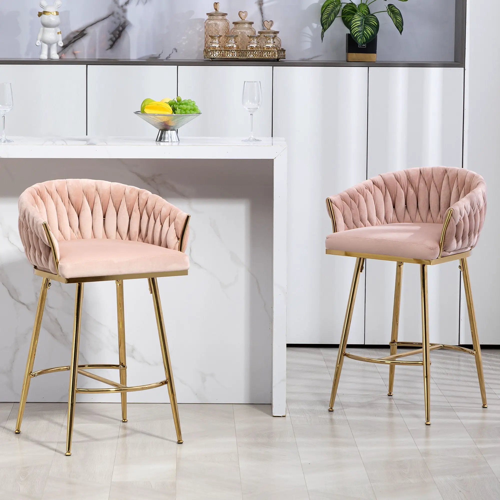 Counter Height Bar Stools Kitchen Island Counter Bar Stool With Hand - Wave Back, Golden Chromed Base And Footrest (Set of 2) - Pink by HouseOfZazla