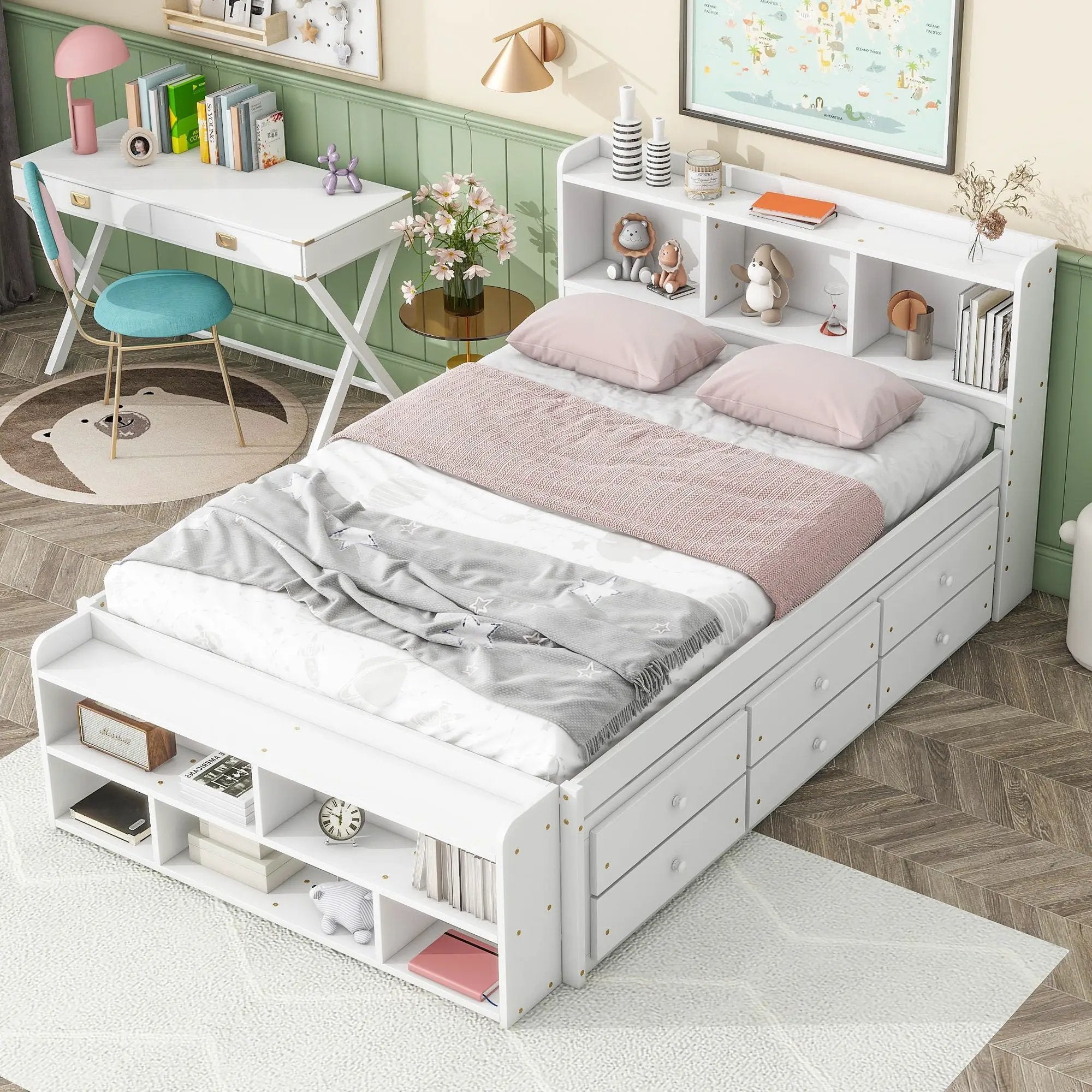 Bed With Bookcase Headboard, Under Bed Storage Drawers And Bed End Storage Case by HouseOfZazla