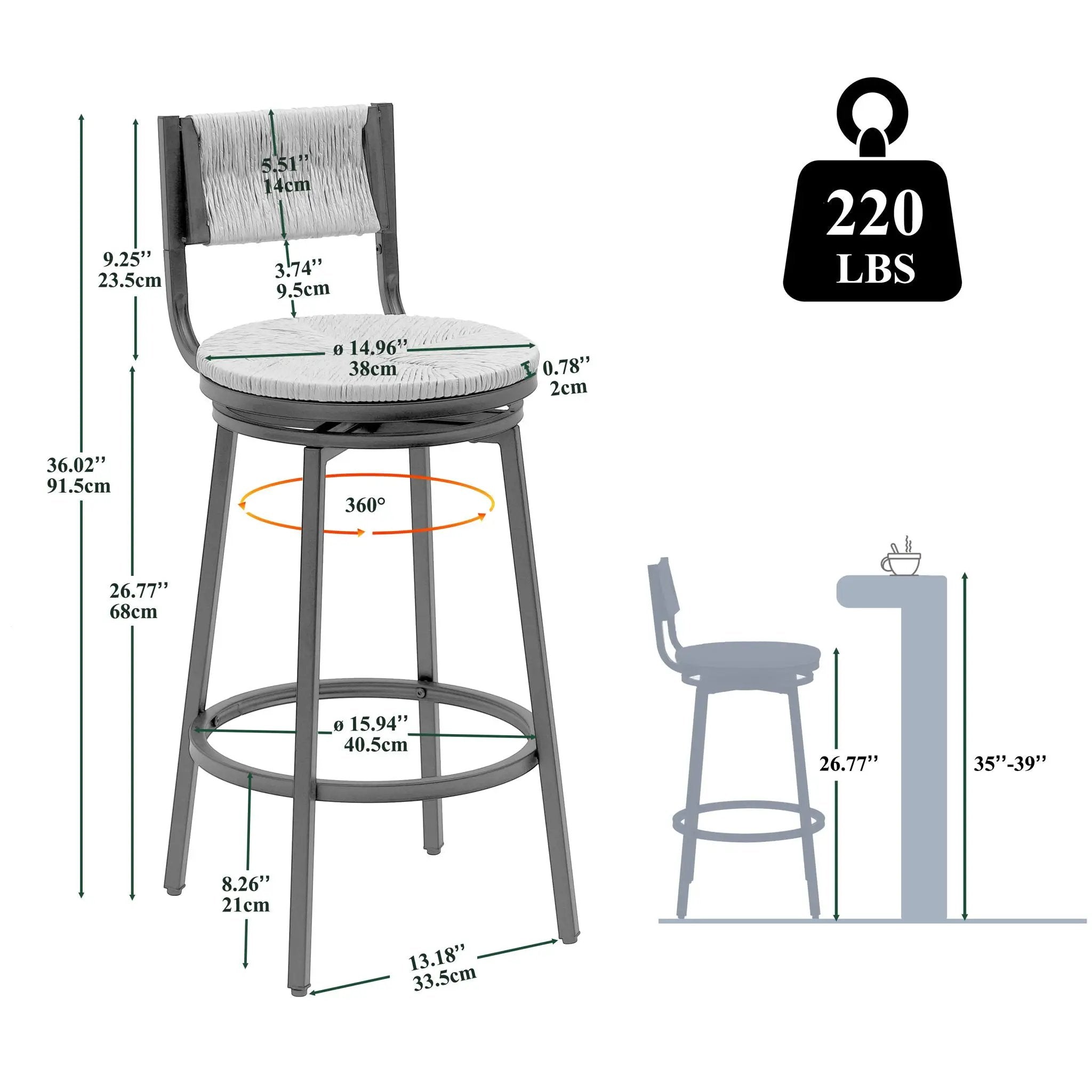 Bar Stools Swivel Counter Chairs With Metal Frame Hand Woven Paper Rope Dining Barstools For Kitchen Counter (Set of 2) by Unique Piece Furniture