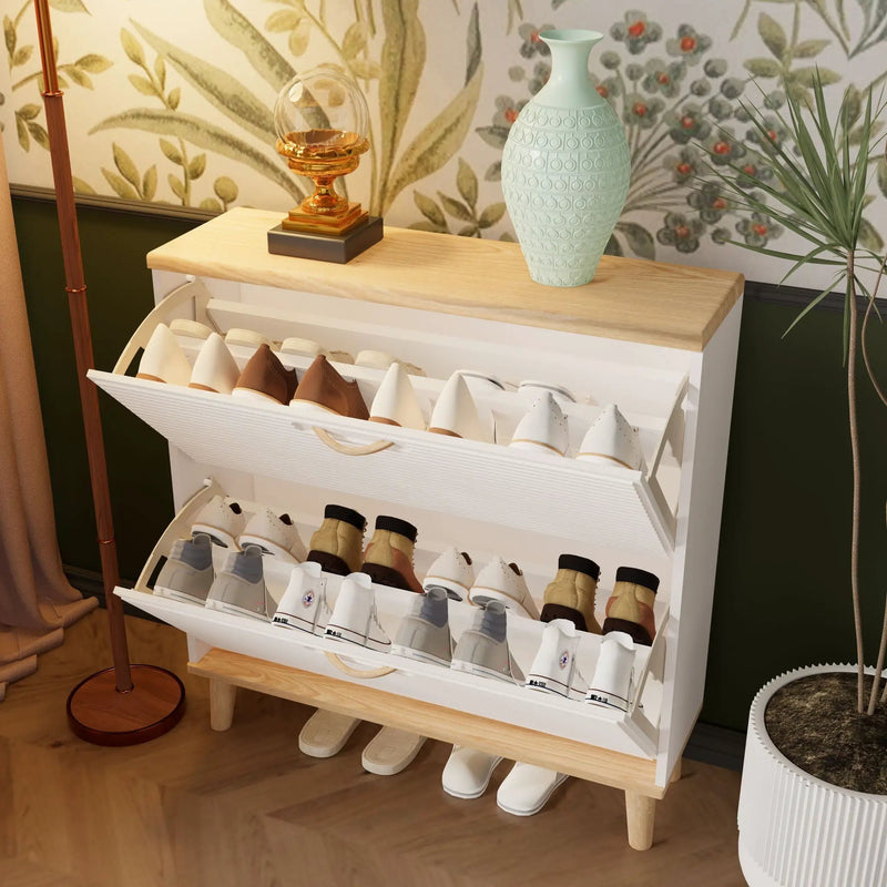 Narrow - Entryway Shoe Storage Cabinet With 2 Flip Drawers Legs - Natural / White by HouseOfZazla