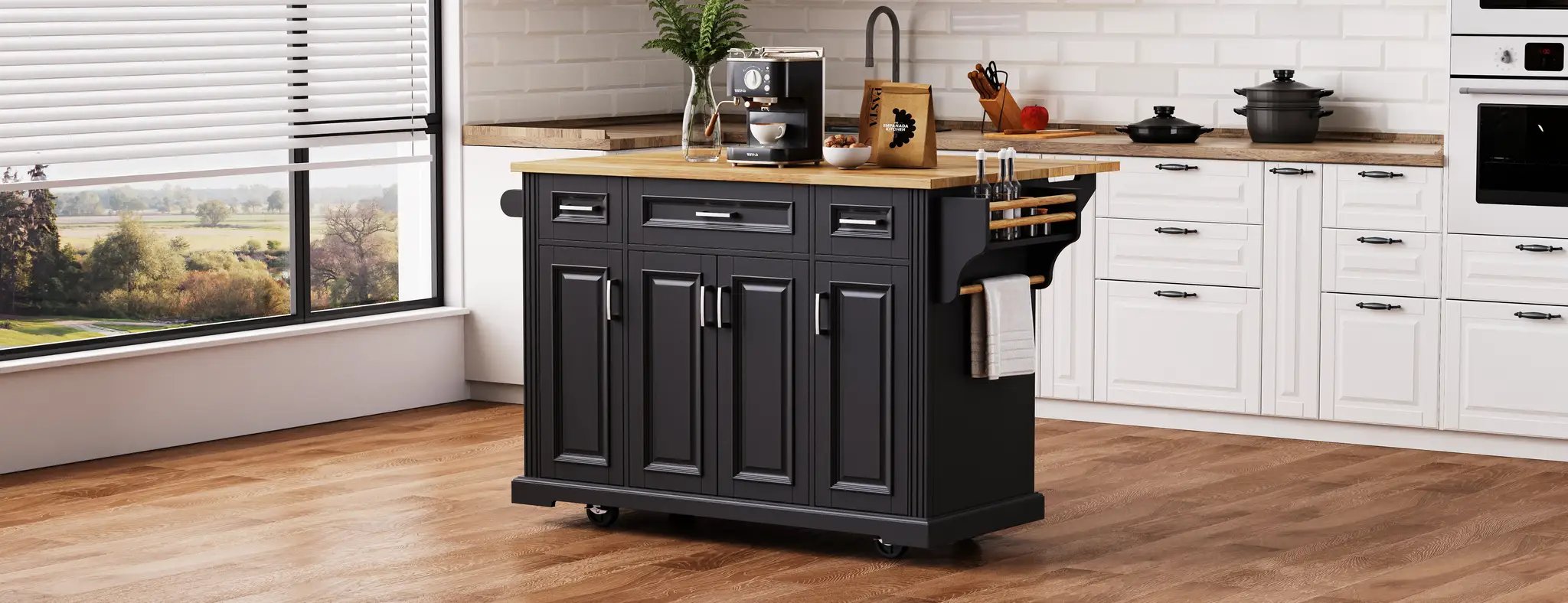 K&K 54 Inch Large Kitchen Island with Rubber Wood Drop Leaf by HouseOfZazla