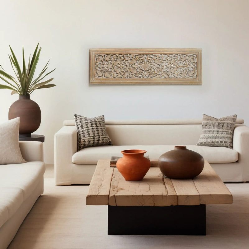 Floral Hand Carved Mandala Rectangular Wall Decor Accent - Gold / White by HouseOfZazla
