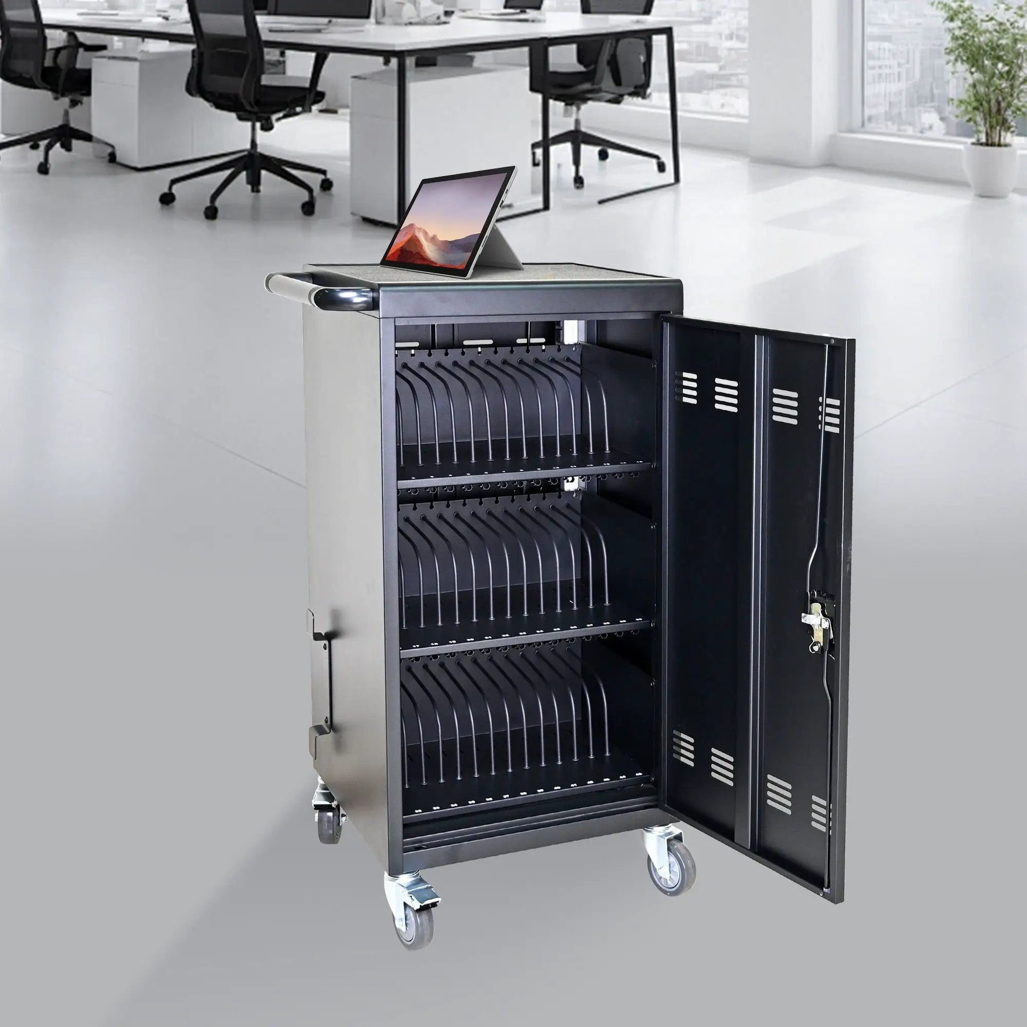 45 Bay Mobile School Charging Cart Station For Chromebook, Tablet And Laptop Computer With Power Strip Included - Black by HouseOfZazla