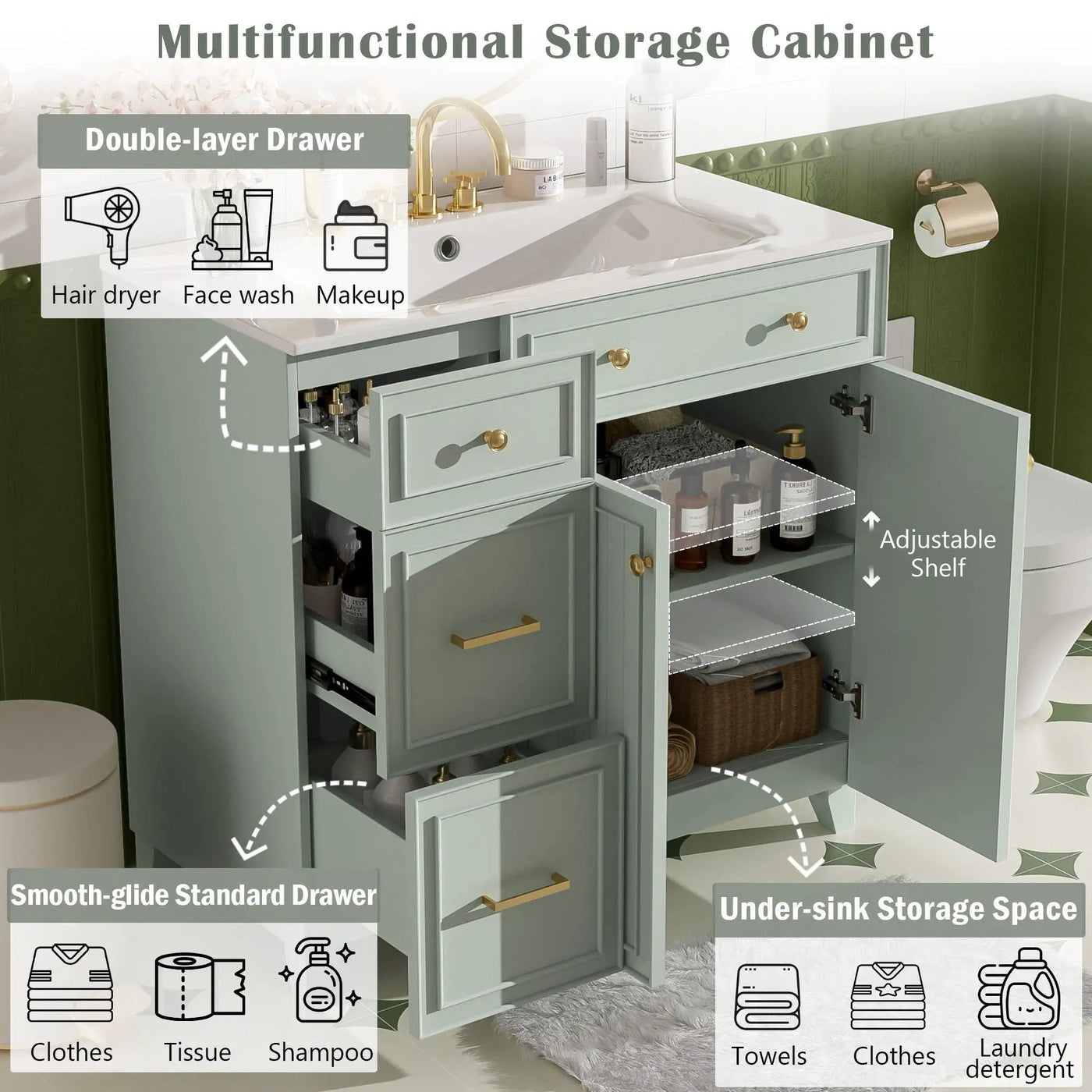 Bathroom Vanity With Sink, Soft Close Doors, Adjustable Shelves by HouseOfZazla