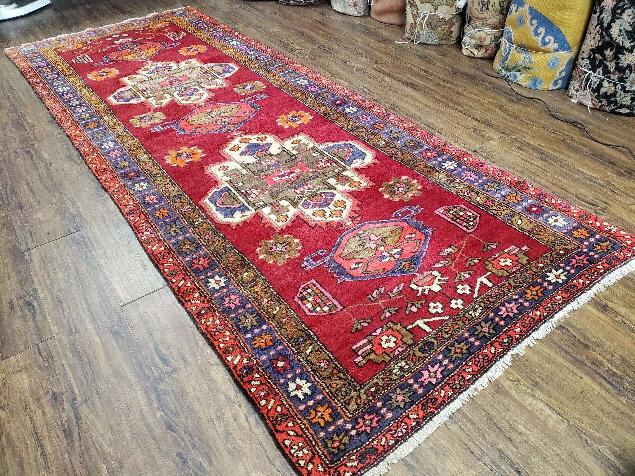 Antique Persian Karajeh Runner Rug 4.4 x 11 ft, Red Colorful Geometric Medallion Runner by Jewel Rugs