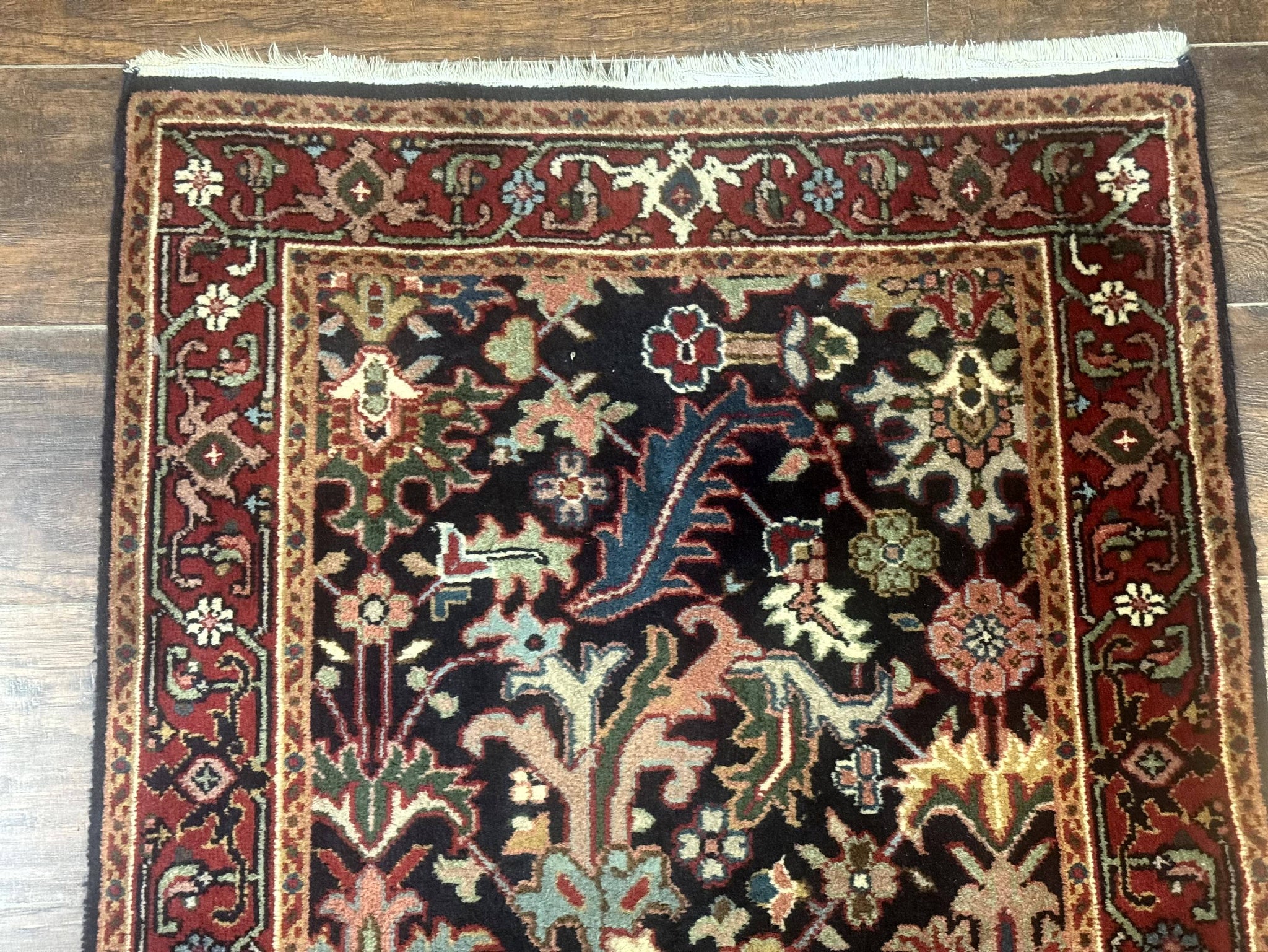 Indo Persian Runner Rug 2.7 x 13, Navy Blue and Red, Allover Floral, Wool, 13ft Runner by Jewel Rugs