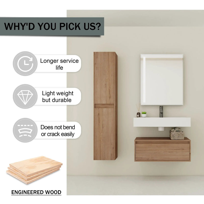 Modern Wall Mounted 30 Inch Bathroom Vanity With Resin Sink And 2 Side Cabinet In Imitative - Imitative Oak by Unique Piece Furniture