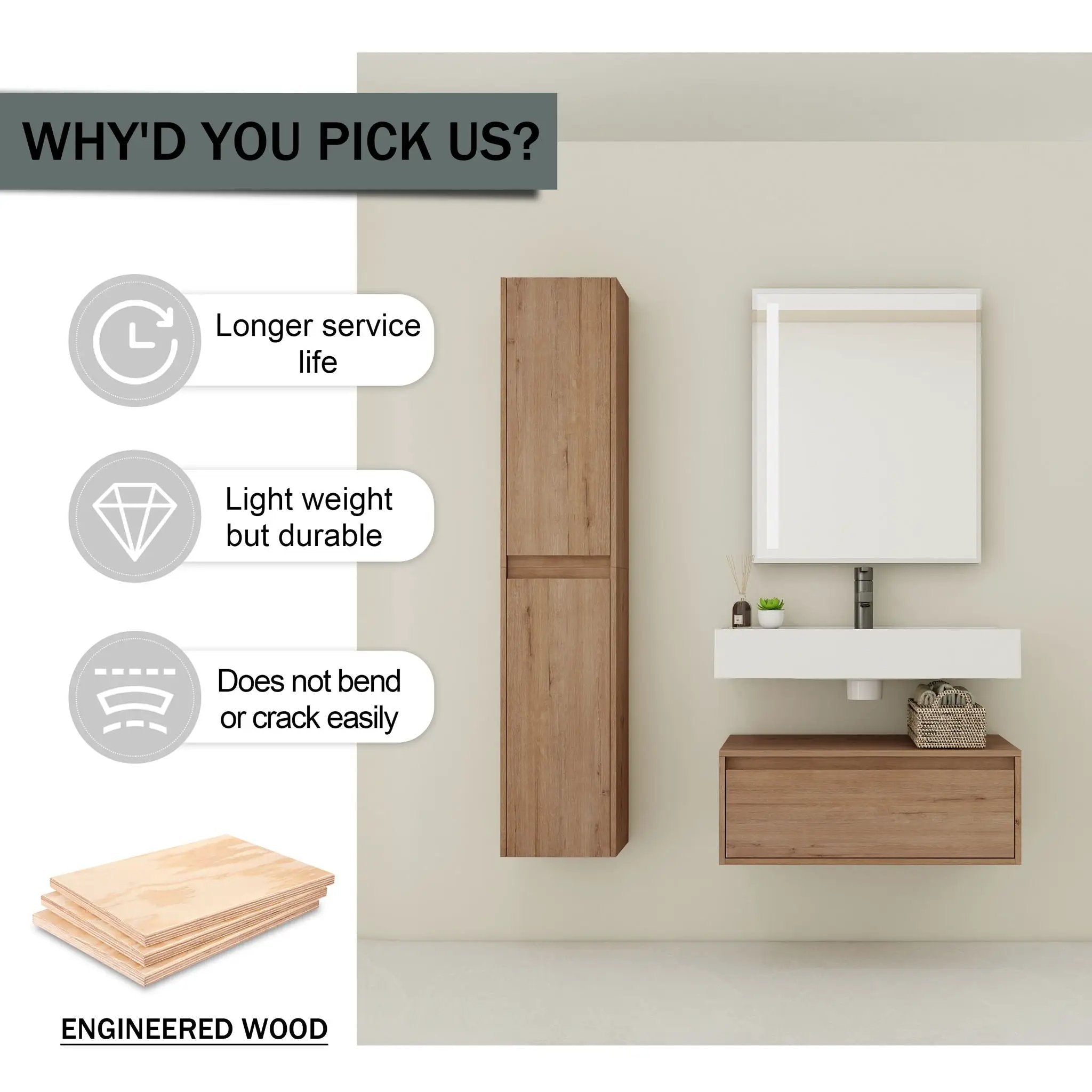 Modern Wall Mounted 30 Inch Bathroom Vanity With Resin Sink And 2 Side Cabinet In Imitative - Imitative Oak by HouseOfZazla