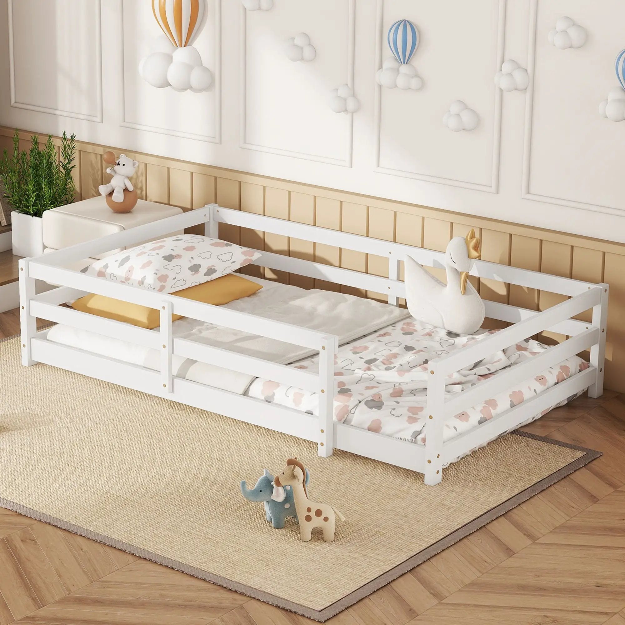 Twin Size Montessori Floor Bed With Fence - White by HouseOfZazla