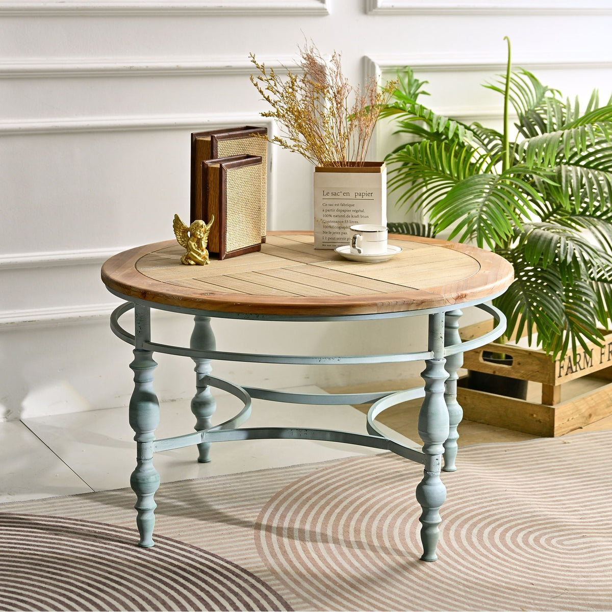 Round Top Carved Coffee Table with Metal Legs - Light Brown, photo 9 of 22