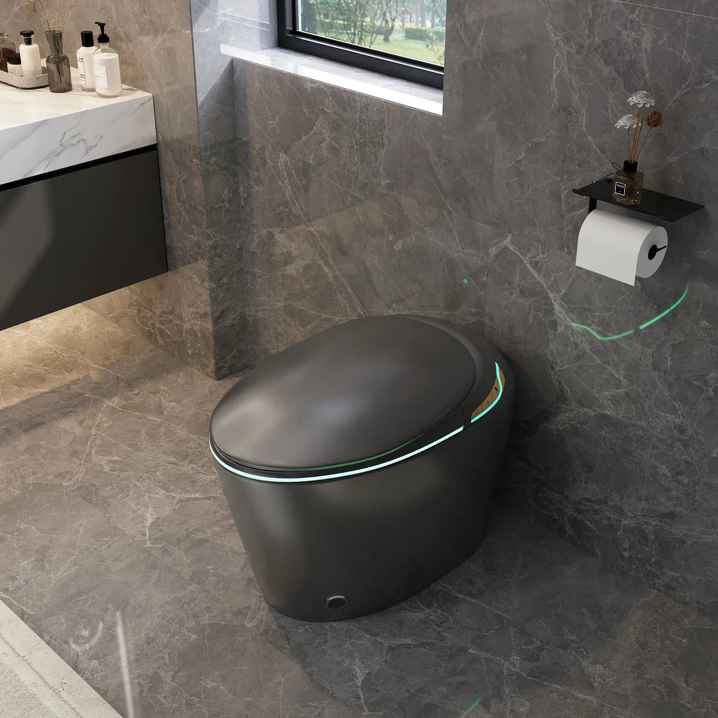 Unique Smart Toile With Built In Bidet, Auto Open / Close Seat, Foot Sensor, LED Display, Night Light, Warm Water & Dryer Ceramic by HouseOfZazla
