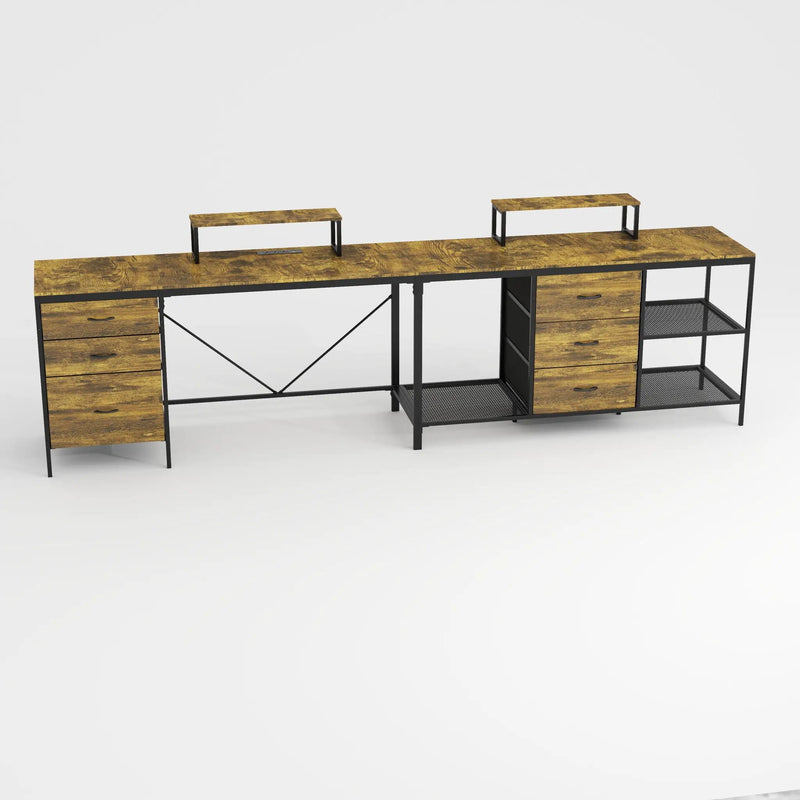 Industrial L Shaped Computer Desk With Power Outlets & USB-C, 6 Fabric Drawers, 3 Open Shelves, Movable Monitor Stands - Brown by Unique Piece Furniture