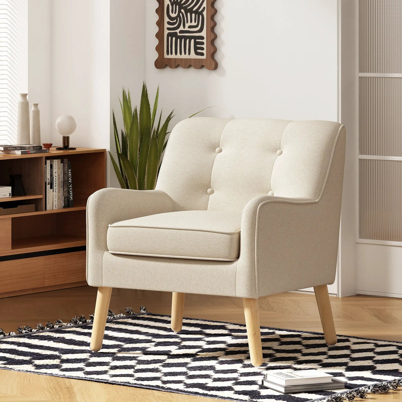 Mid-Century Modern Armchair - Tufted Fabric Accent Chair with Solid Wood Legs by HouseOfZazla