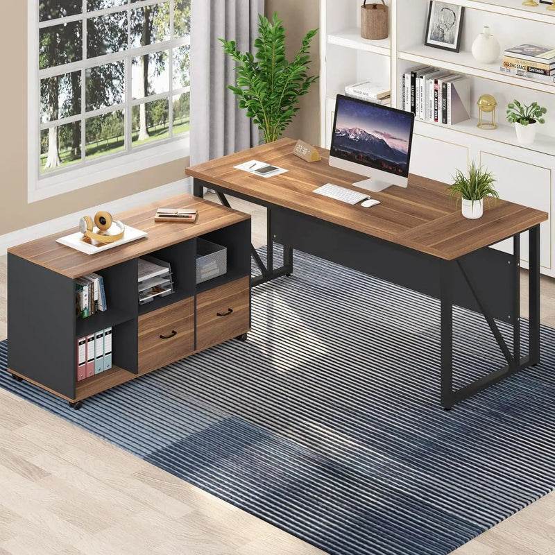 L-Shaped Executive Desk With Mobile File Cabinet, Large Home Office Workstation With Drawers And Shelves - Brown / Black by HouseOfZazla