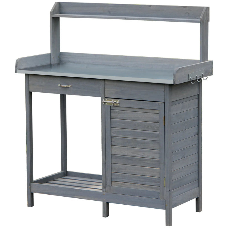 Outsunny - Outdoor Potting Bench Table, Garden Work Station With Storage Cabinet, Open Shelf And Steel Tabletop - Gray by HouseOfZazla