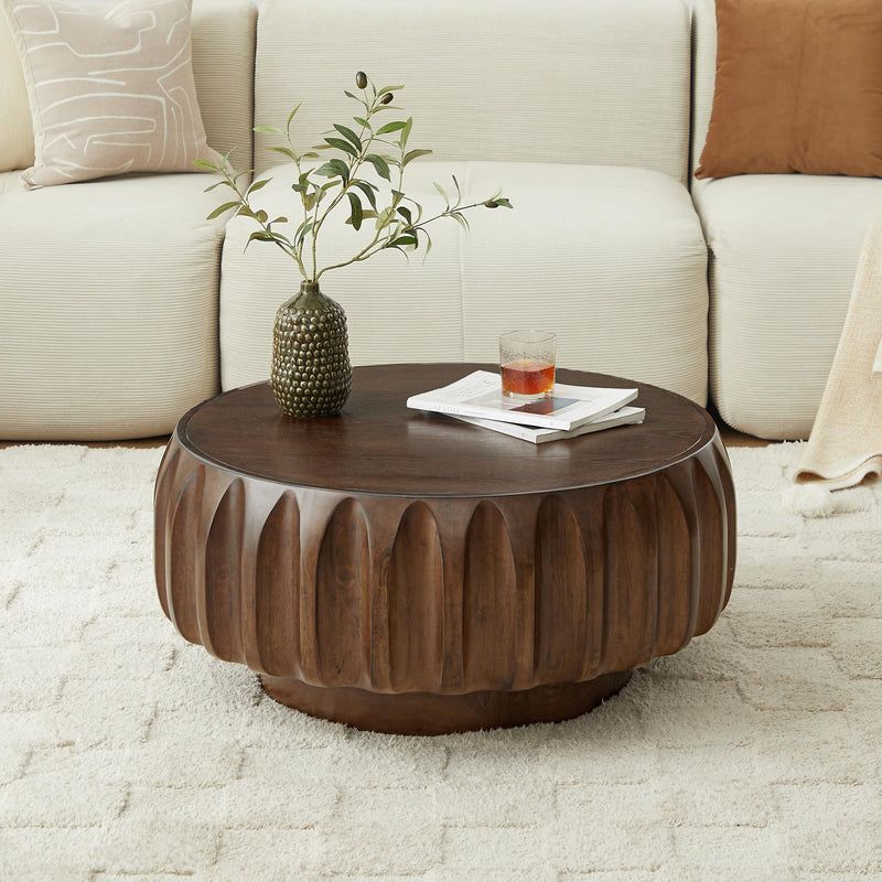 Round Coffee Table with Solid Wood Carved Frame and Elegant Sculptural Design, photo 6 of 9