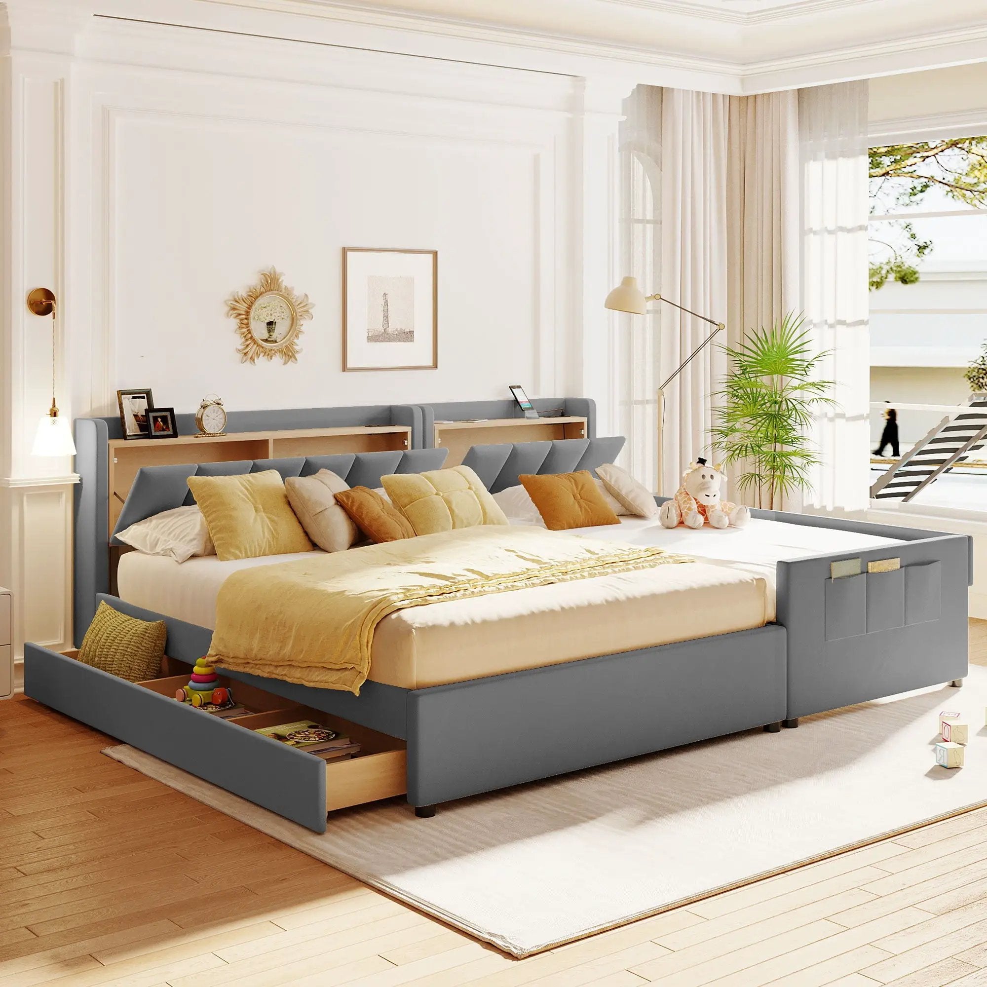 Upholstered Mother & Child Bed With Hydraulic Storage System, Drawer Box, Bedhead Storage Shelf And 2 Pairs Of Sockets & USB Ports by HouseOfZazla