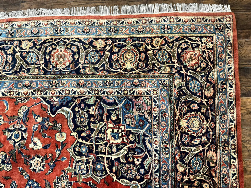 Red Persian Kashan Rug 10x14, Hand-Knotted Semi Antique Floral Medallion Handmade Wool Carpet, Red & Navy Blue by Jewel Rugs