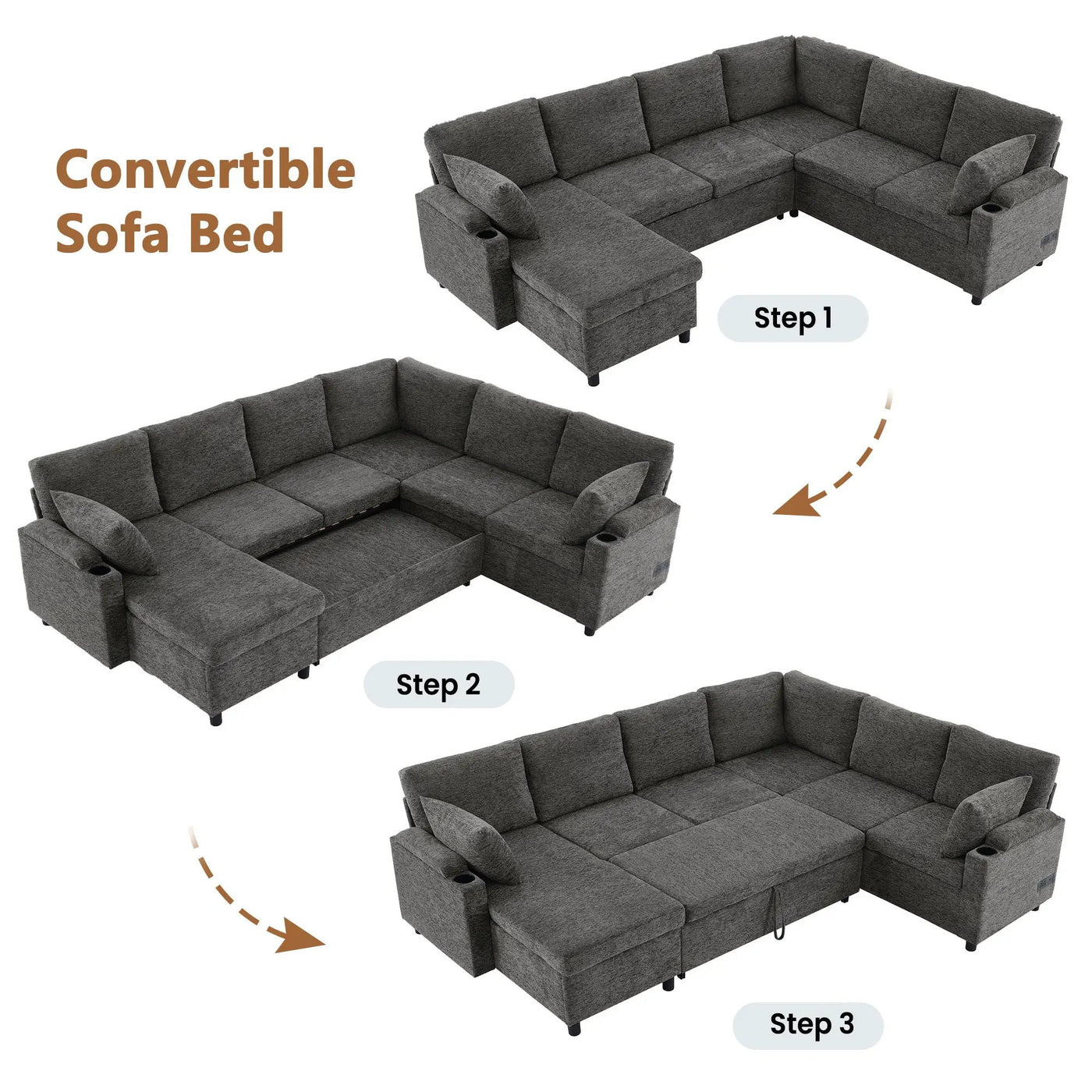 U-Shaped Sectional Sleeper Sofa With Ample Storage Space, 2 Cup Holders And Charging Ports For Living Room by Unique Piece Furniture