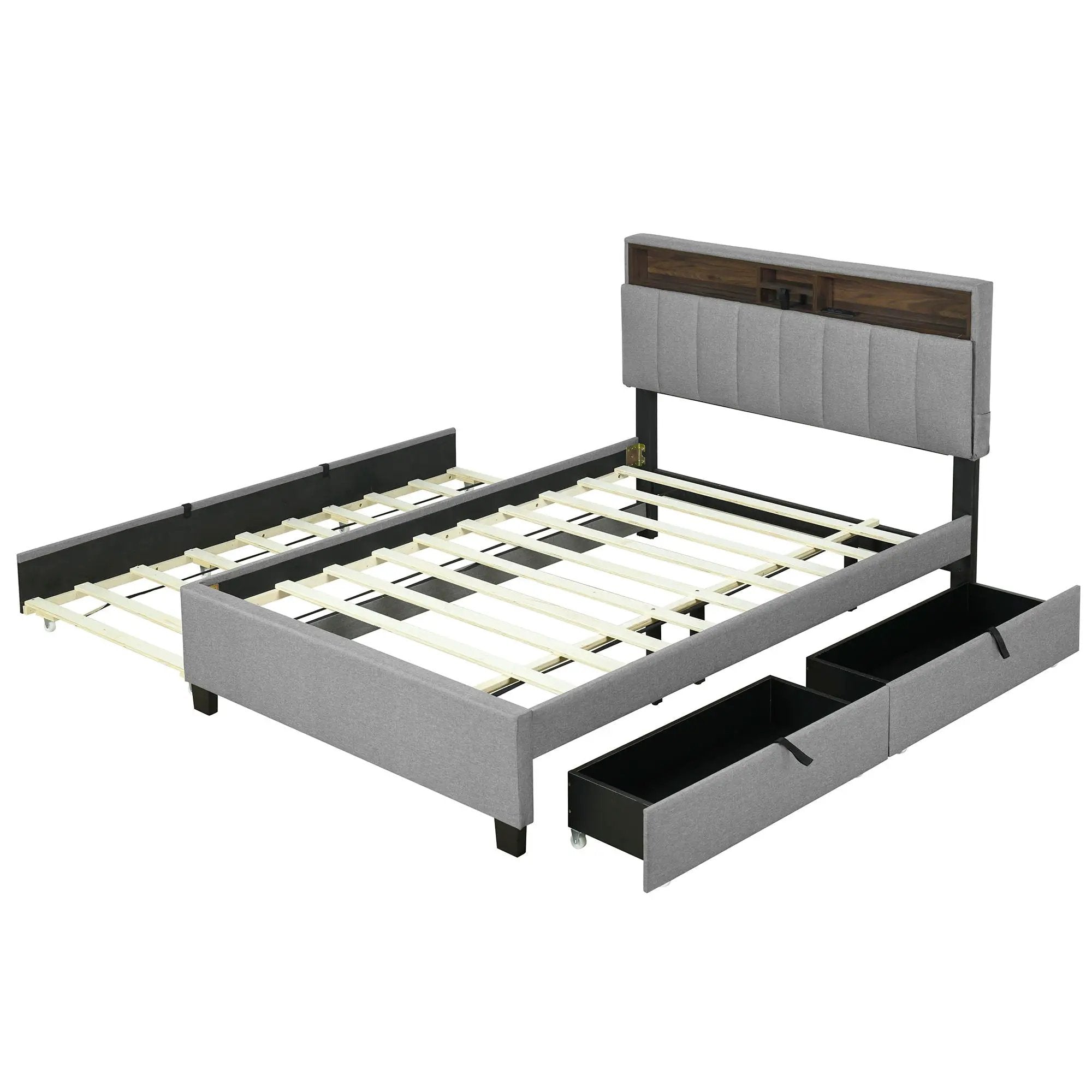 Upholstered Platform Bed With Storage Headboard, Trundle & 2 Drawers And A Set Of Sockets & USB Ports by Unique Piece Furniture