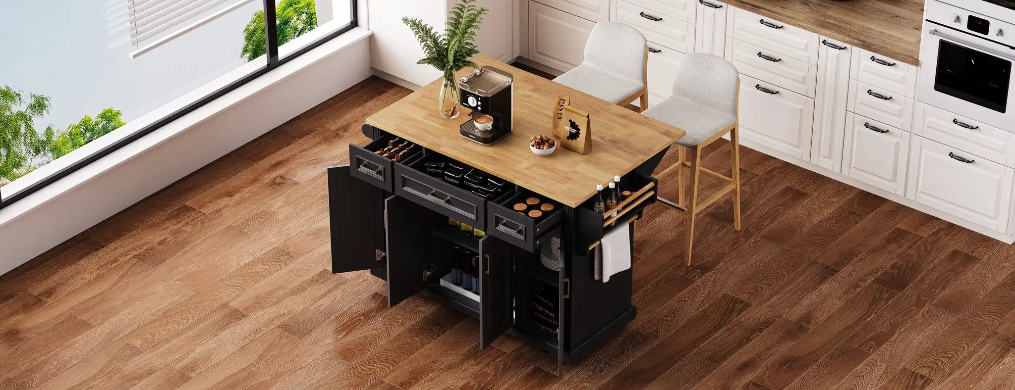 K&K 54 Inch Large Kitchen Island with Rubber Wood Drop Leaf by HouseOfZazla
