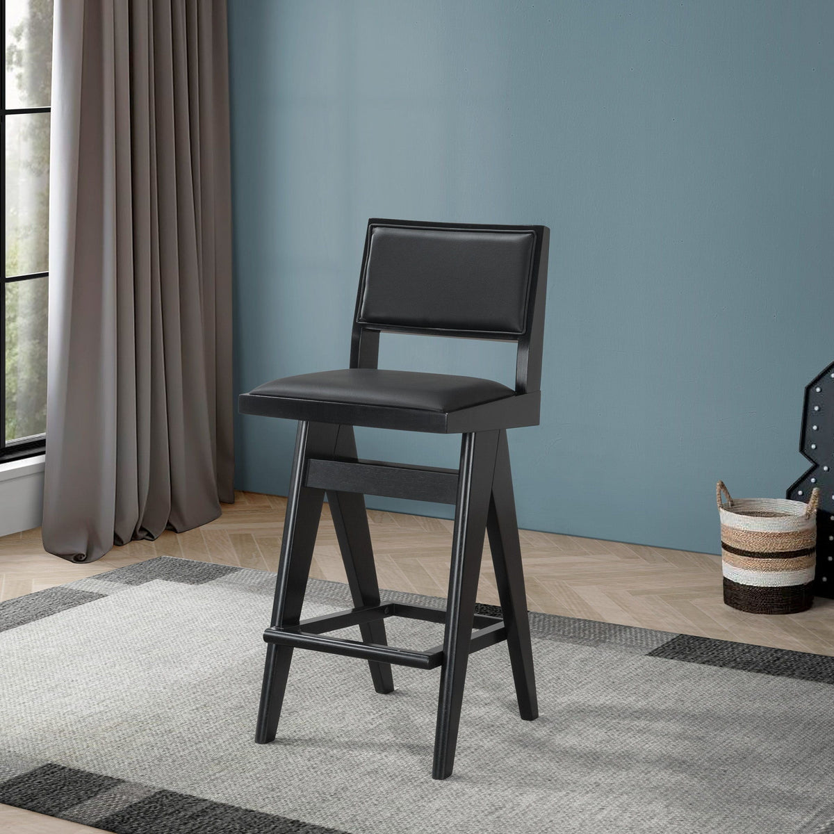 Black Bar Stools Set of 2 with Full Back Support - PU Leather, photo 5 of 8