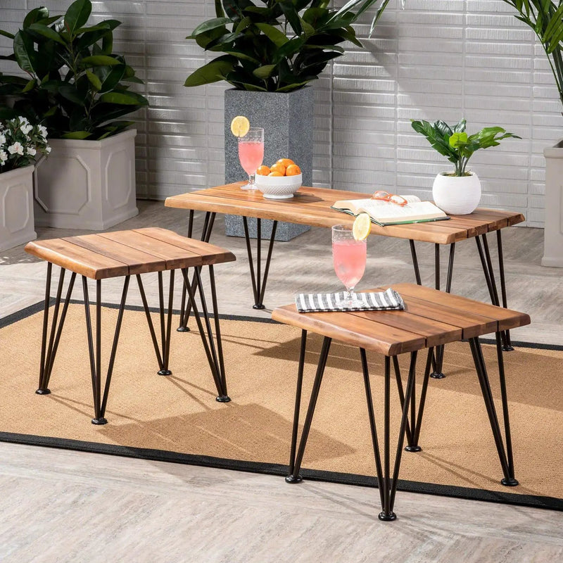Zion Outdoor Industrial Iron Coffee Table and 2 Side Tables - Teak by HouseOfZazla