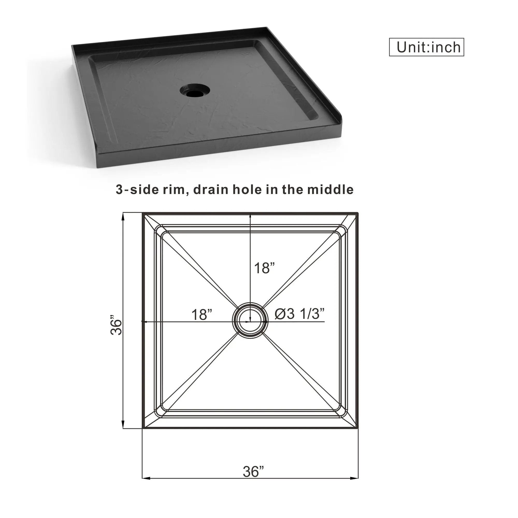 Anti Slip Center Drain Single Threshold Shower Base Slate - Black by HouseOfZazla