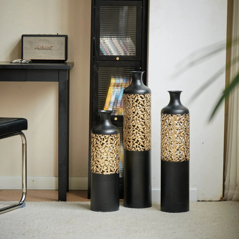Floor Metal Vases Decorated Metal Vases (Set of 3) Gorgeous Home Decoration Large Glazed Metal Vases - Black / Gold by Unique Piece Furniture
