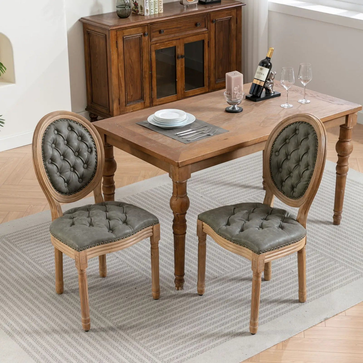 French Style Solid Wood Frame Antique Painting, Hand-Pulled Buckle Decoration Artificial Dining Chair With Nailhead Trim, Wood Legs by HouseOfZazla