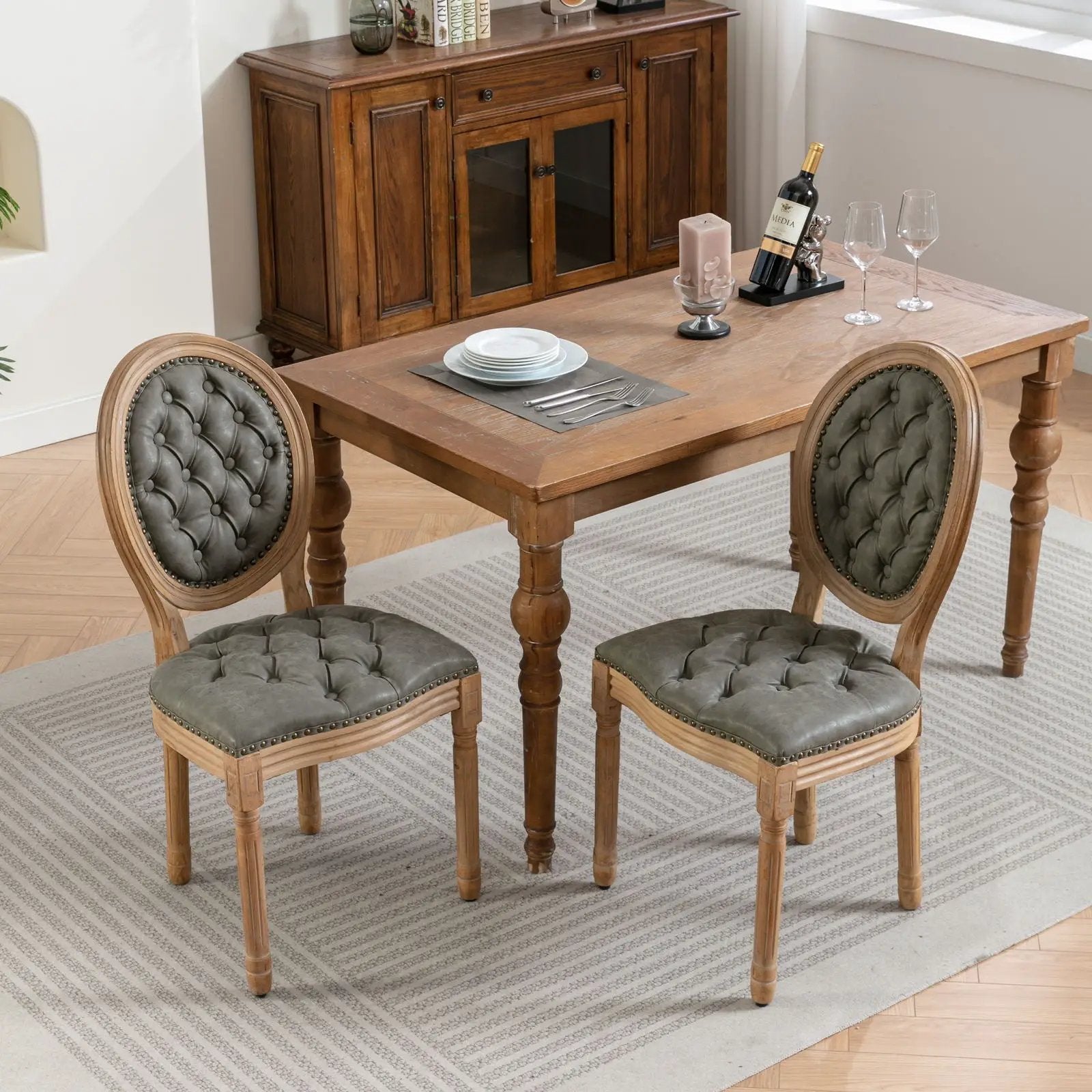French Style Solid Wood Frame Antique Painting, Hand-Pulled Buckle Decoration Artificial Dining Chair With Nailhead Trim, Wood Legs by HouseOfZazla