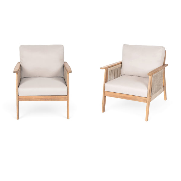 Outdoor Acacia Wood and Rope Patio Chair with Cushions (Set of 2)