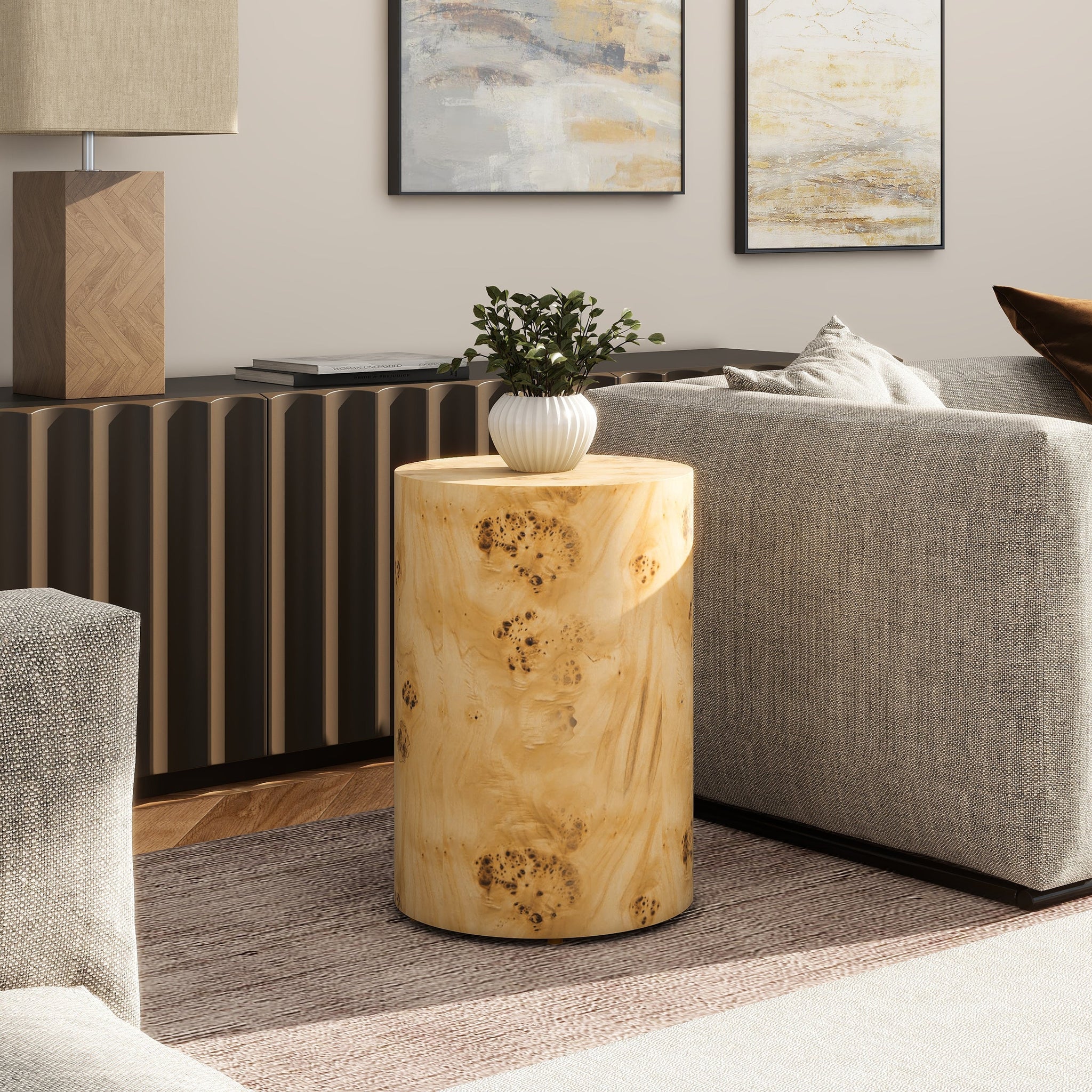 Nebula 22' Accent Pillar Side Table Warm Natural Brown Burl Wood by HouseOfZazla