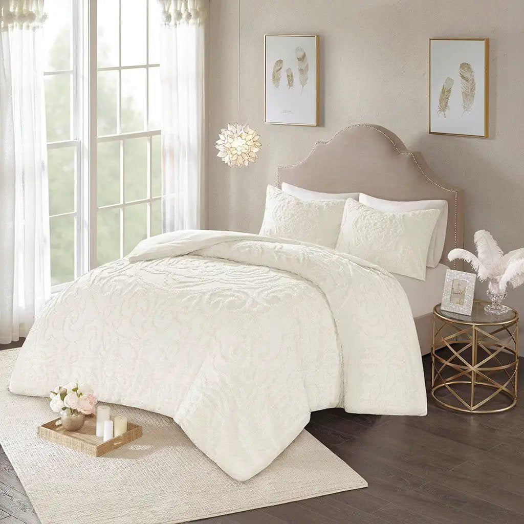 King/Cal King 3-Piece Tufted Cotton Chenille Medallion Duvet Cover Set by HouseOfZazla