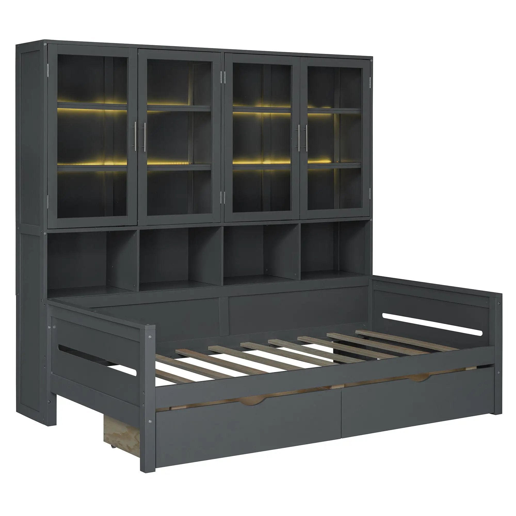 Daybed With Glass Door Storage Cabinets, Built In LED Lighting And Shelves by HouseOfZazla